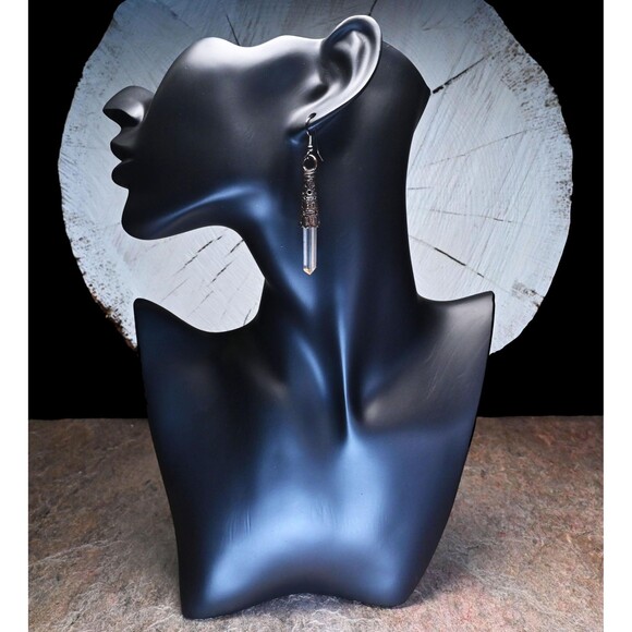 Tangerine Quartz Crystal Filigree Copper Electroformed Earrings - Picture 2 of 2